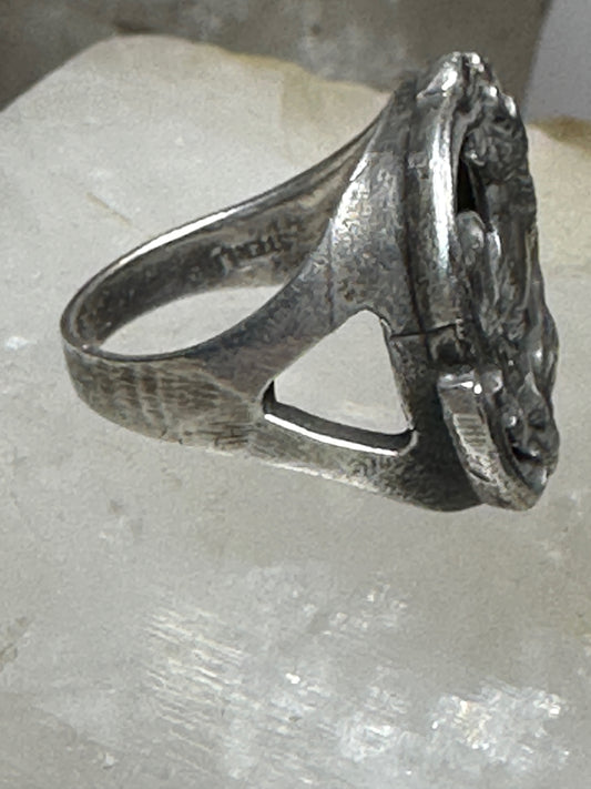 Face ring figurative Art Deco floral flower band size 7 sterling silver women