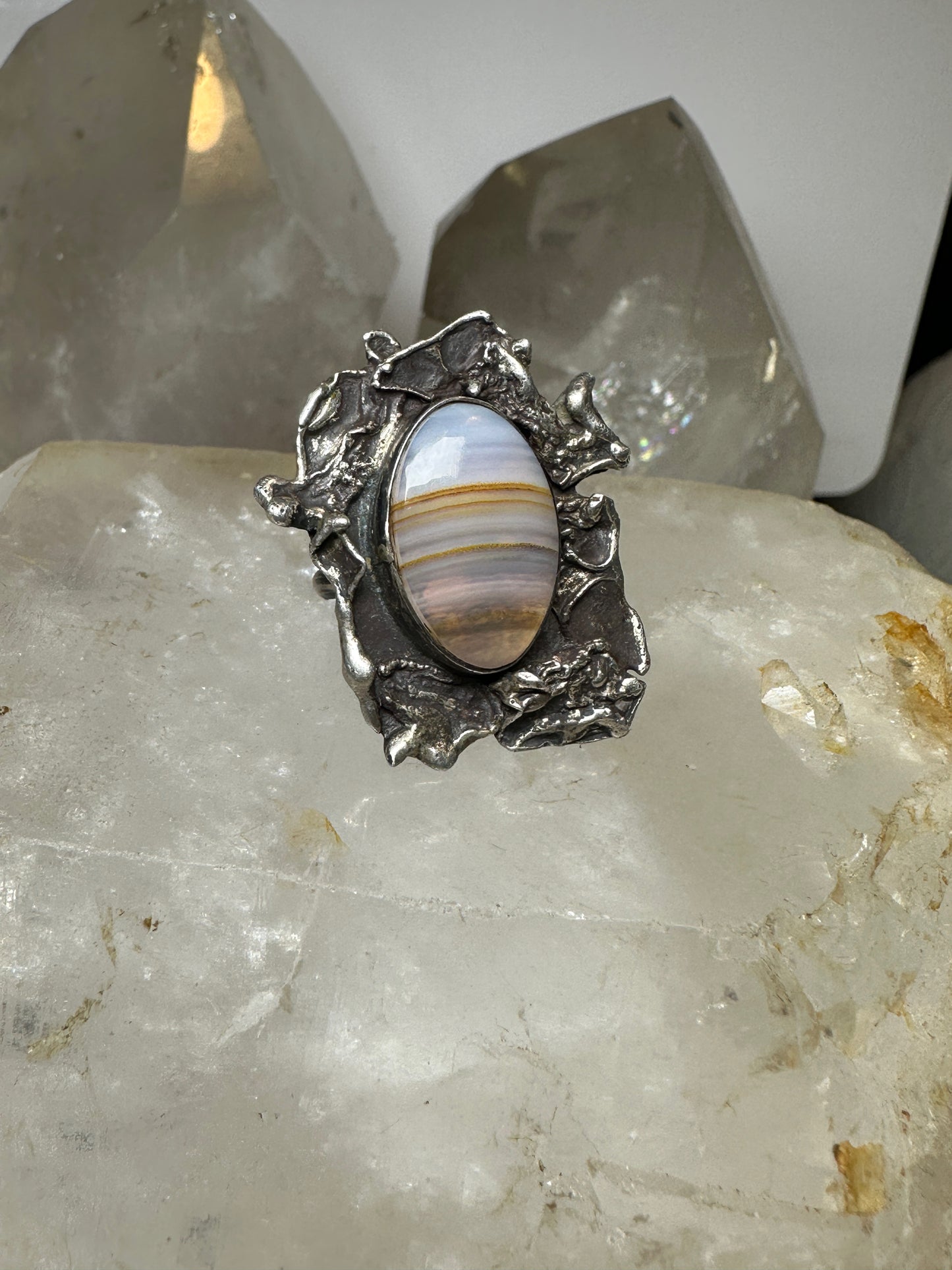 Agate ring size 6 Brutalist sterling silver women
