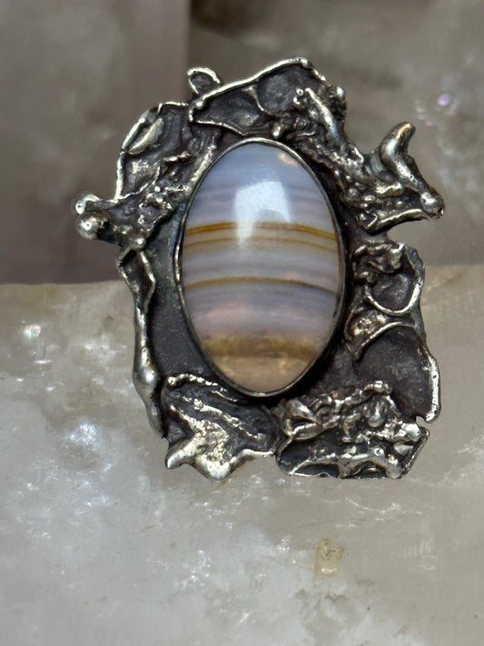 Agate ring size 6 Brutalist sterling silver women