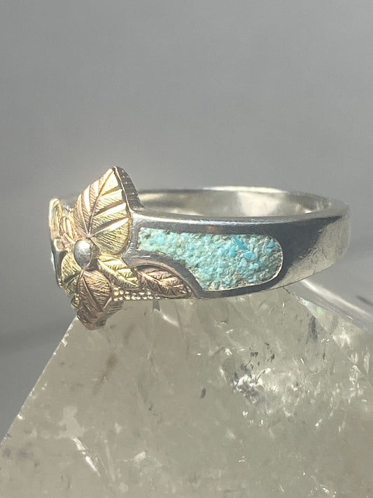 Black Hills Gold ring floral turquoise chips band sterling silver