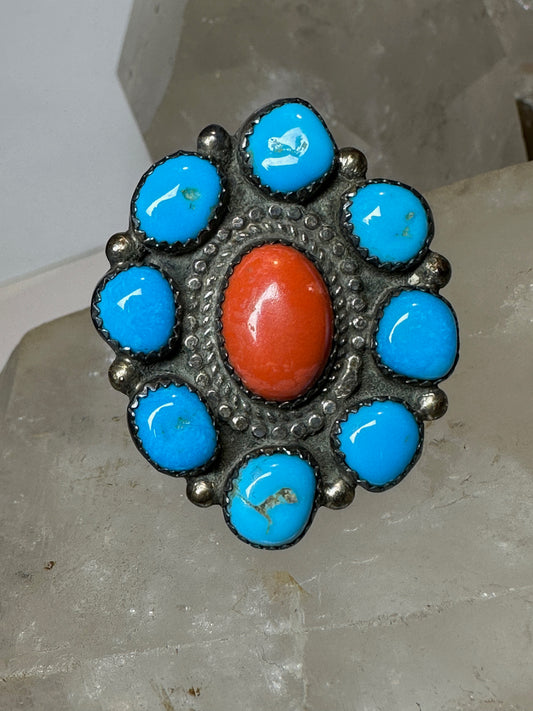 Turquoise ring size 8.25 coral Zuni sterling silver women