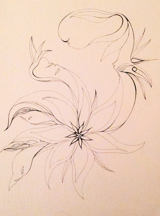 Original Black and White Ink Drawing on Strathmore Rag Bond Paper "Flowers"
