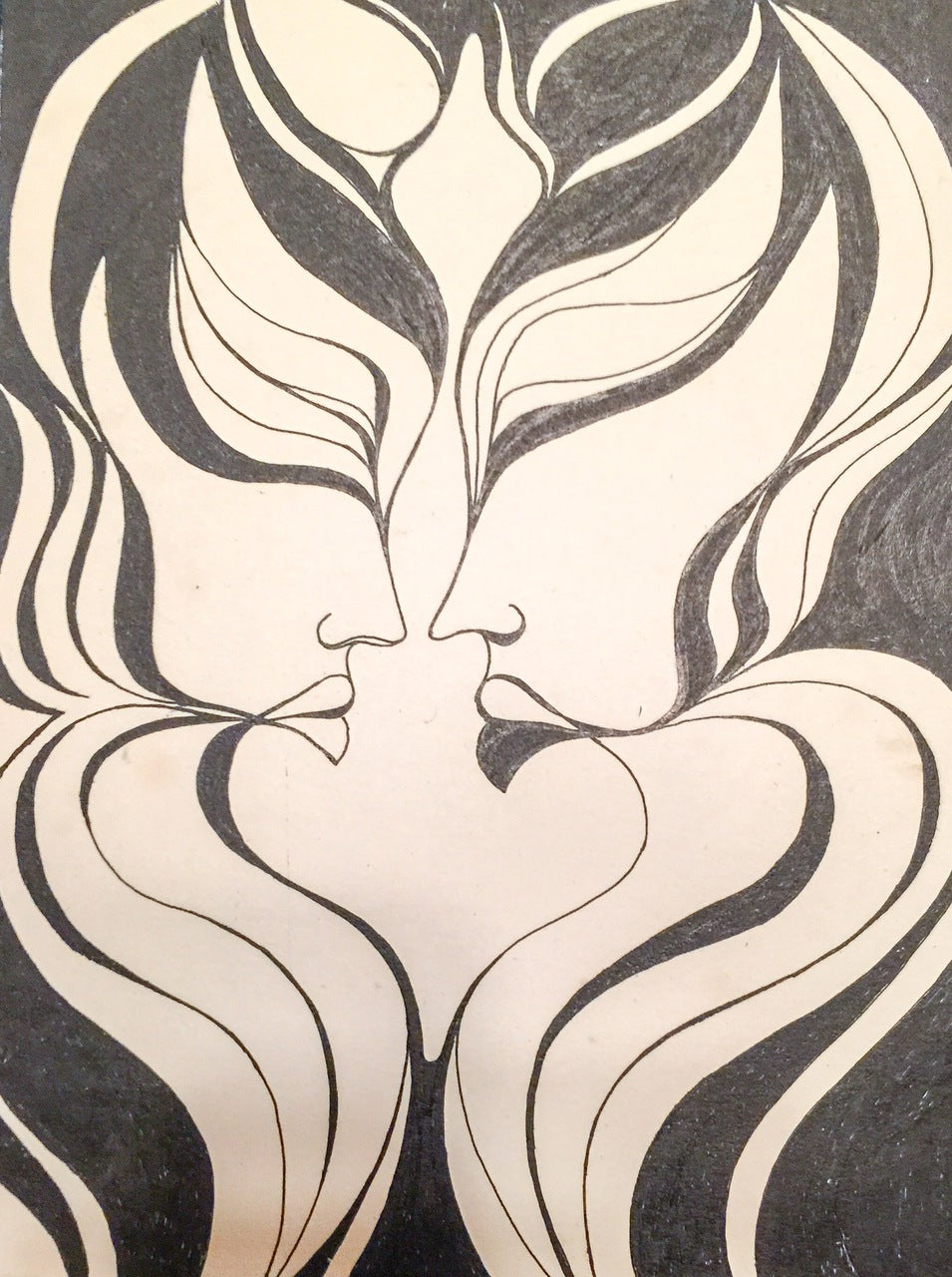 Original Black and White Ink Drawing on Paper "The Kiss"