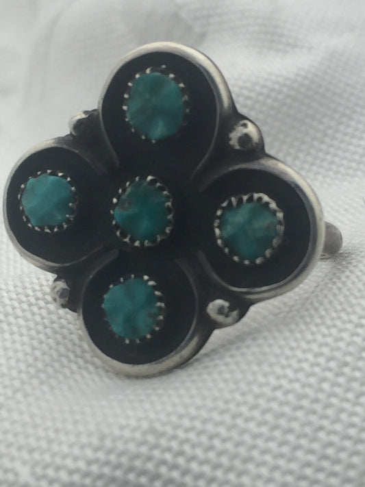 Vintage Sterling Silver Southwest Tribal Turquoise Flower Ring Size 6 4.4g