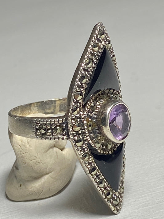 Long onyx ring amethyst marcasite sterling silver women