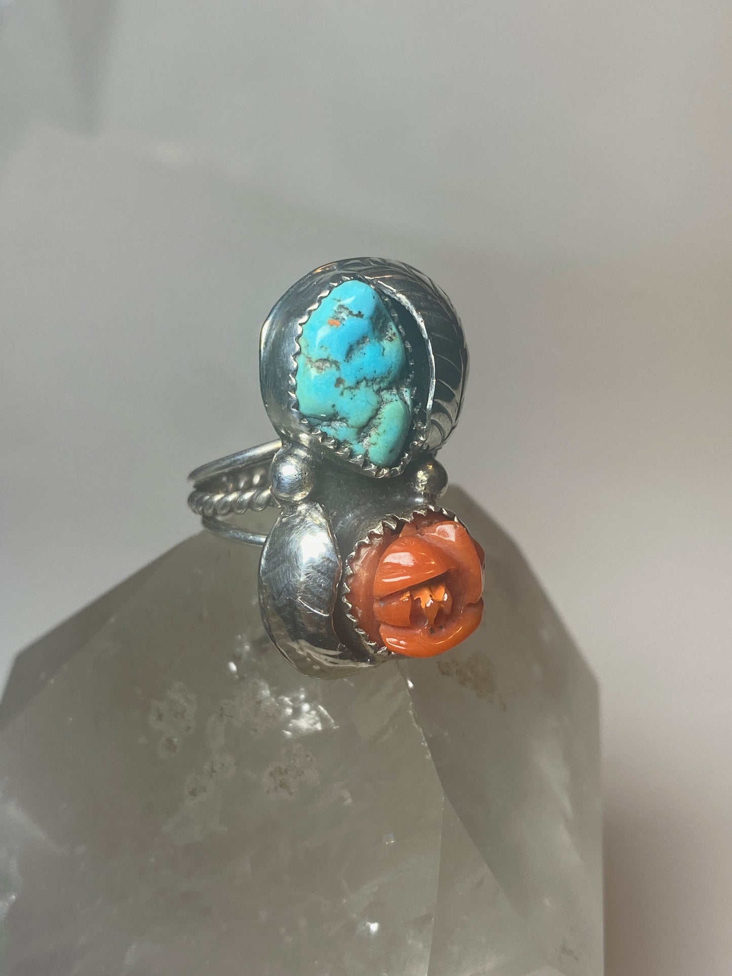 Turquoise ring coral rose Navajo band sterling silver women girls