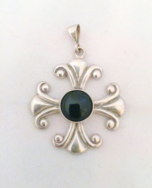 Cross Pendant with Onyx Vintage Sterling Silver