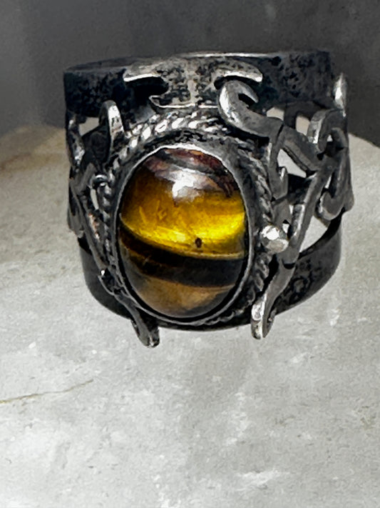 Tiger Eye poison ring size 6.75 heart scroll design Mexico Taxco sterling silver women