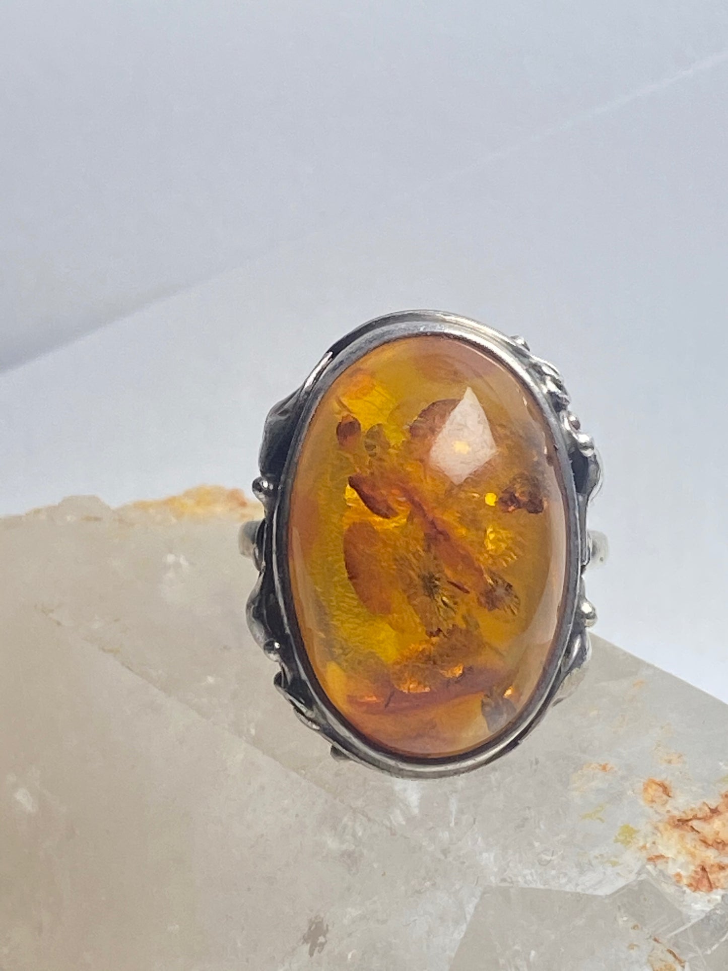 Amber Ring Nouveau Art Deco floral leaves sterling silver women girls