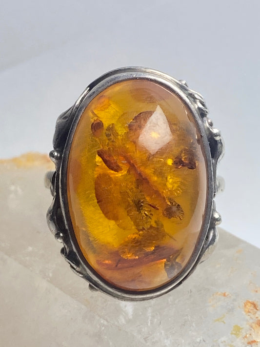 Amber Ring Nouveau Art Deco floral leaves sterling silver women girls