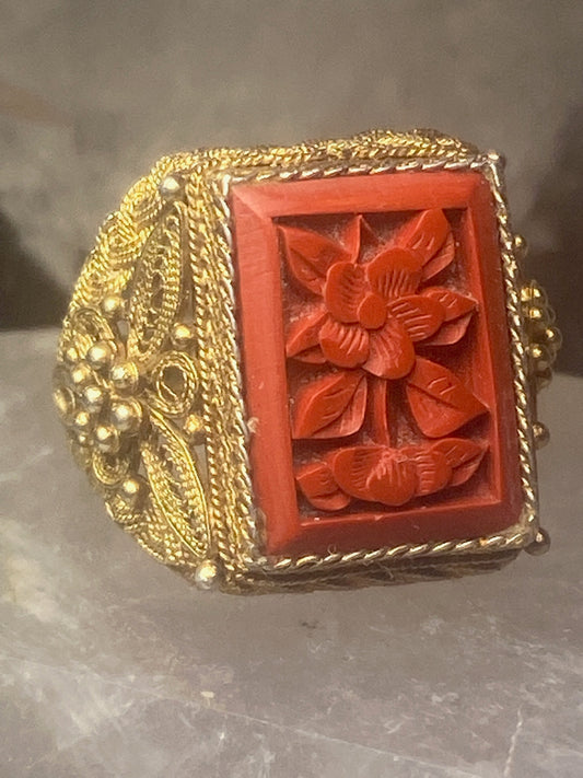 Cinnabar floral ring size 5.50 sterling silver women