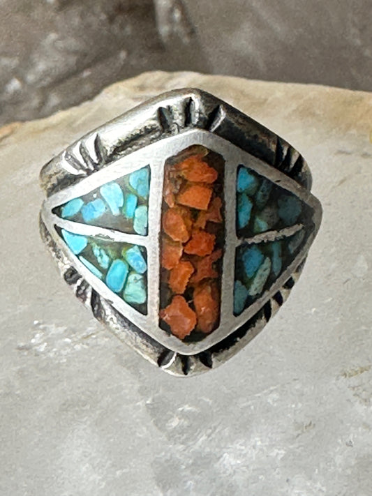 Cigar band ring size 4 pinky turquoise coral chips southwestern sterling silver women