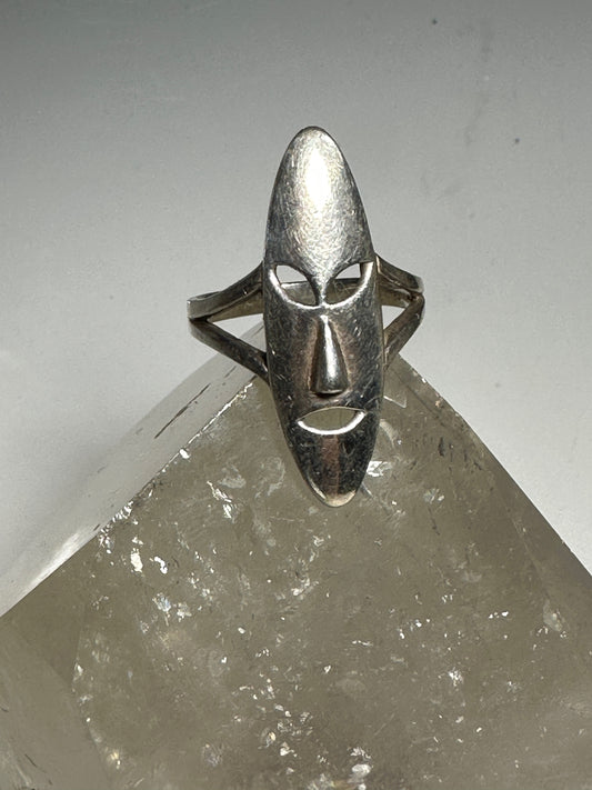 Tribal long face ring mask figurative boho size 8 sterling silver women girls