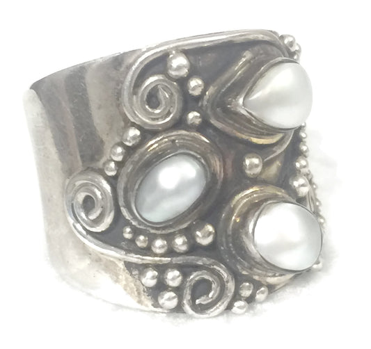 Pearl Cigar Band Ring Vintage Sterling Silver Size 9.75