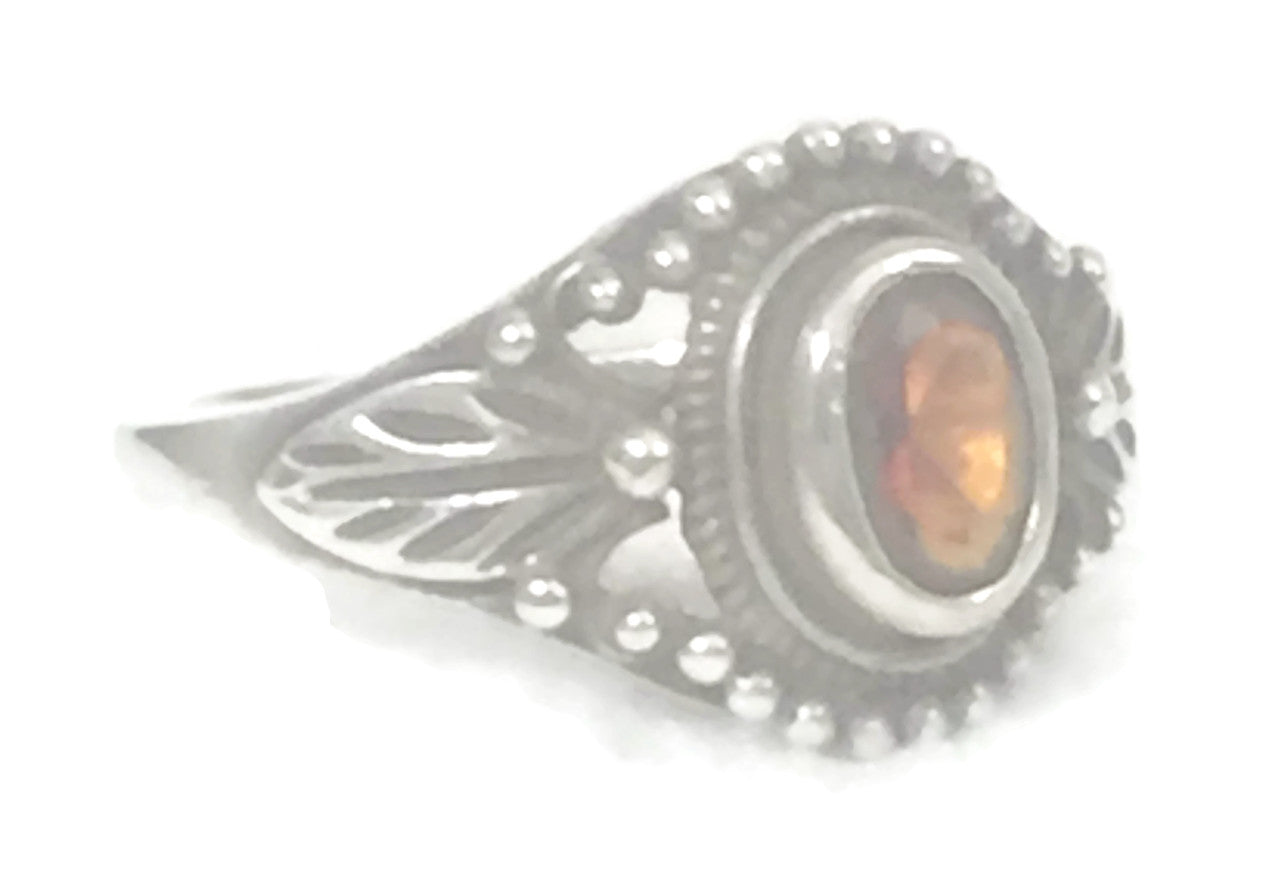 Garnet Ring Leaves Vintage Solitaire Sterling Silver Ring Size 4.7