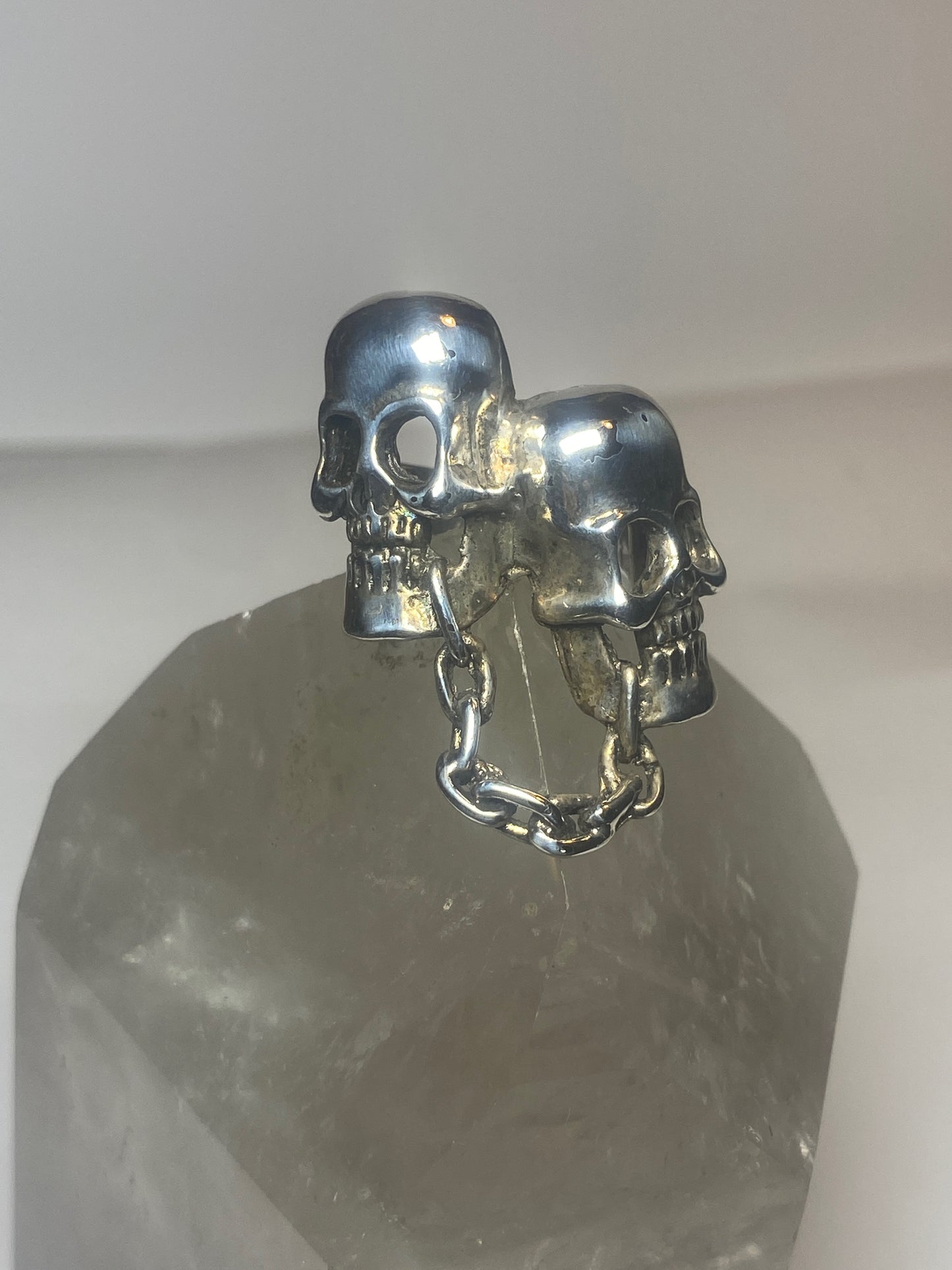 Skull ring double skulls chain biker sterling silver women men