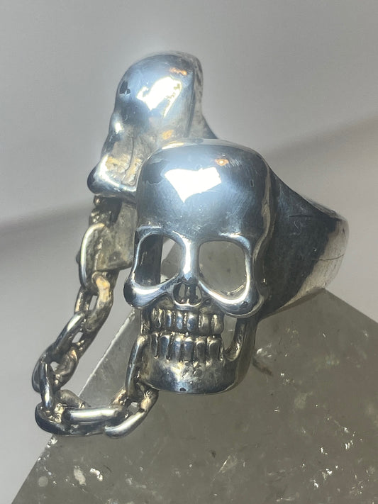 Skull ring double skulls chain biker sterling silver women men