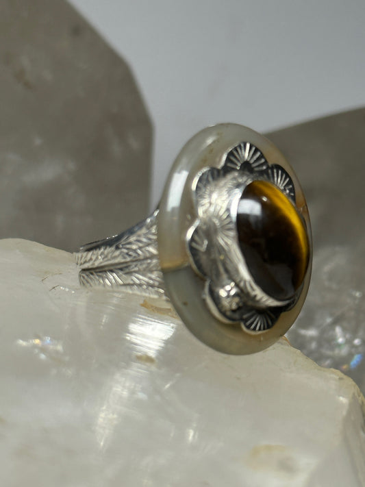 Tiger Eye ring Floral agate band size 7.50 sterling silver women
