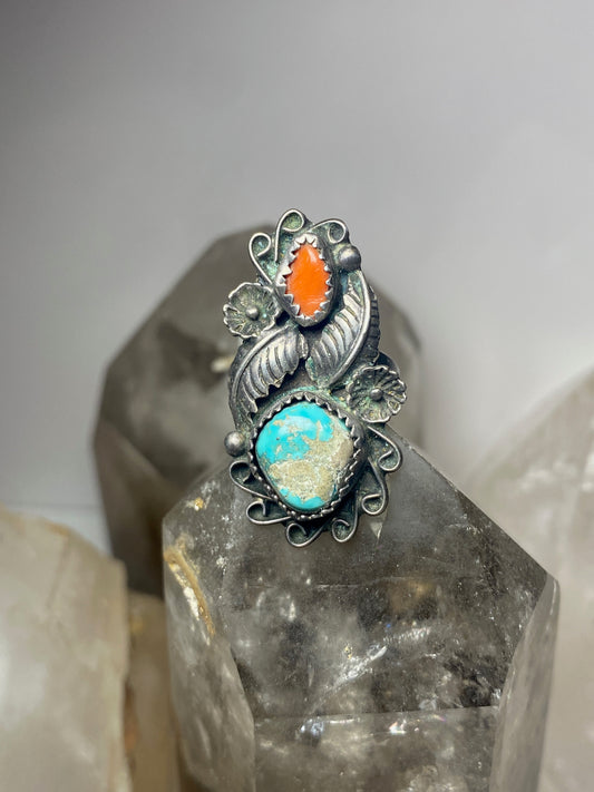 Coral ring turquoise size 6.50 Navajo sterling silver women girls