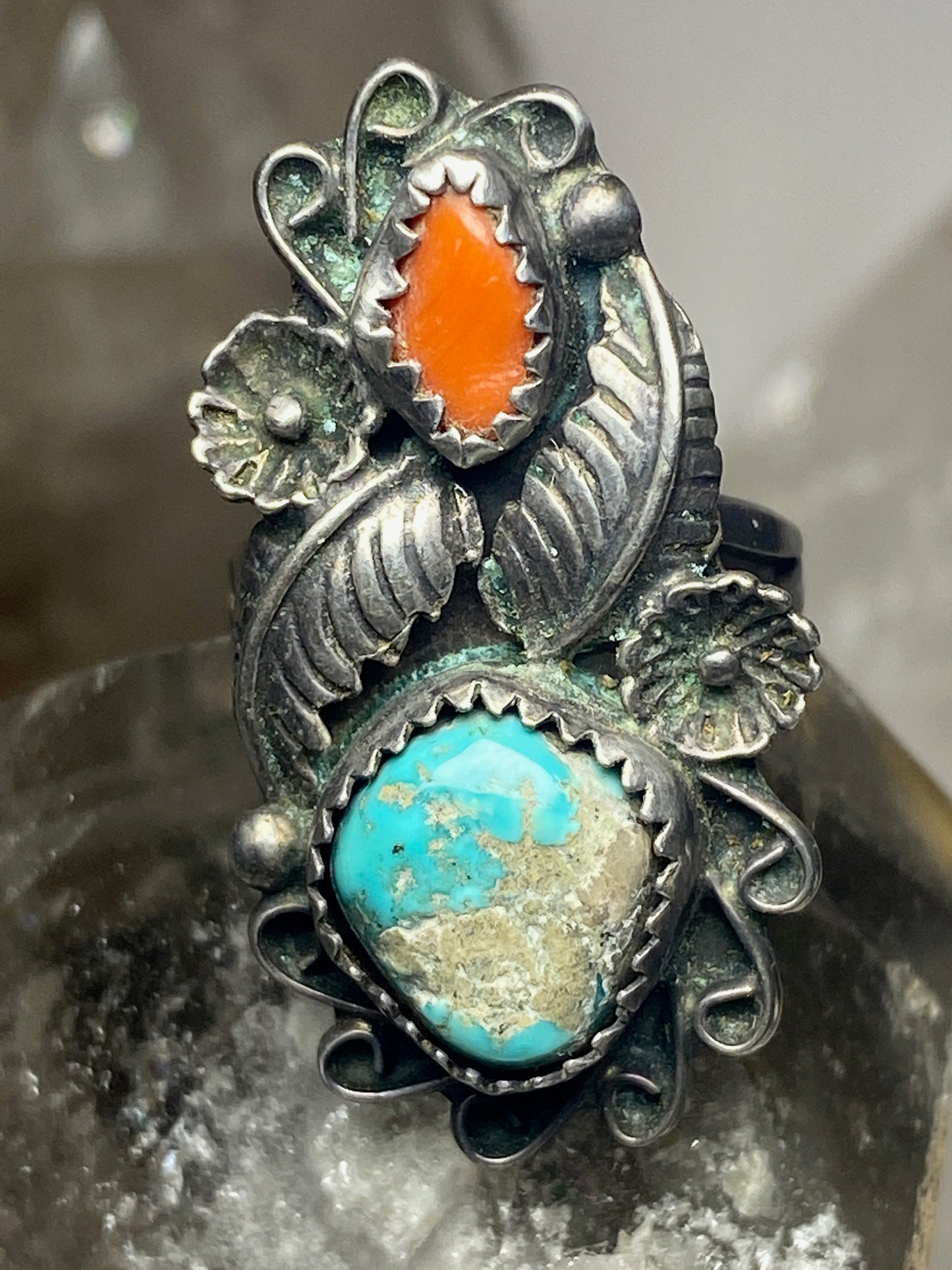 Coral ring turquoise size 6.50 Navajo sterling silver women girls
