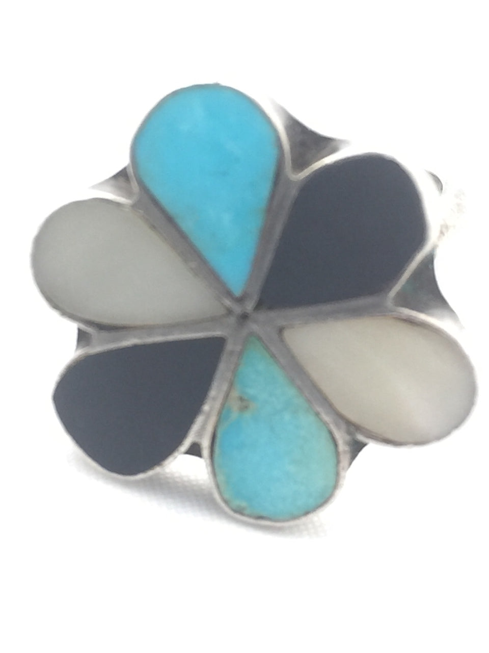Zuni Turquoise Sterling Silver Southwest Tribal Flower Ring Onyx & MOP Size 7.75