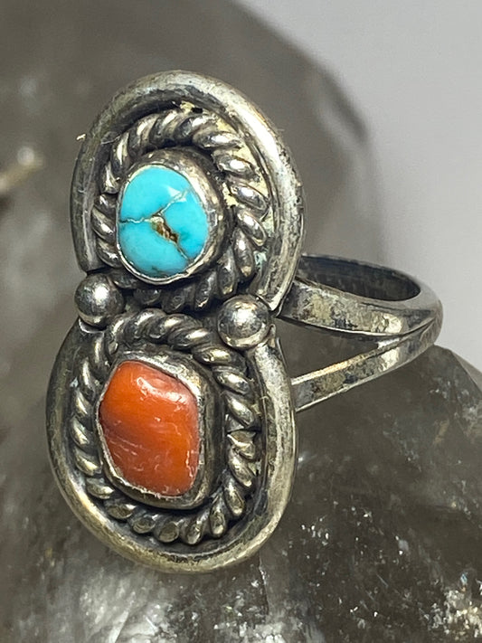 Turquoise ring coral size 7.50 Navajo sterling silver women
