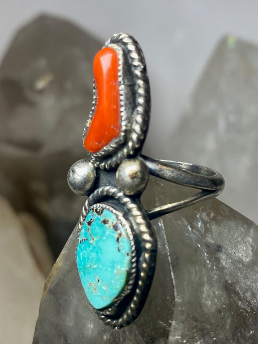 Turquoise ring coral size 5 Navajo feathers sterling silver women