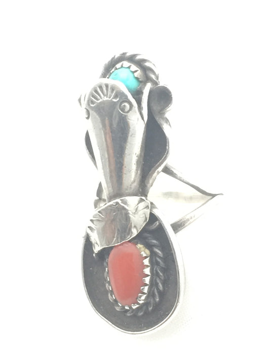 Vintage Sterling Silver Ring Southwest Tribal Turquoise & Coral Feather Flower Size 5 7.6g