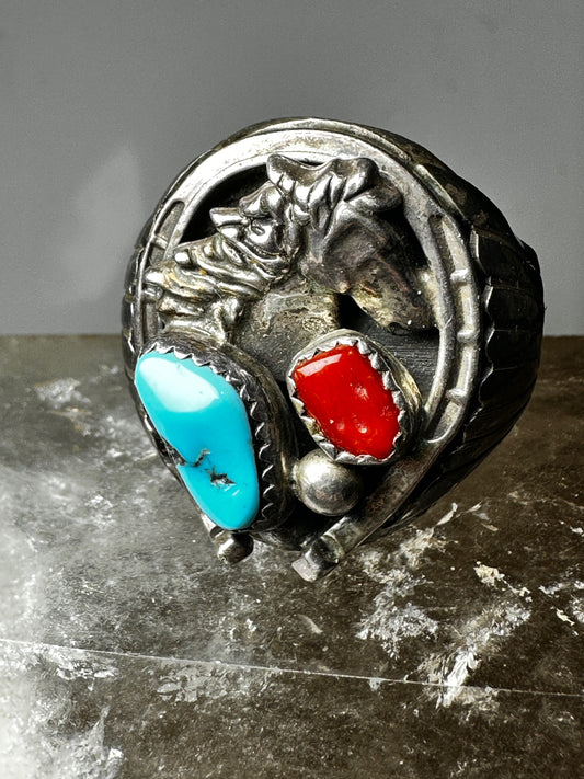 Horse ring Navajo Horseshoe turquoise coral biker size 13.50 sterling silver men