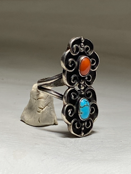 Turquoise ring long coral Navajo southwest women sterling silver