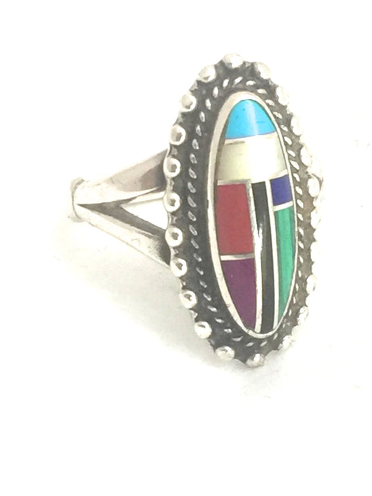 Vintage Sterling Silver Southwest Turquoise Inlay Tribal Ring Turquoise & Coral & Onyx & Malachite &.. Size 6.5 7g