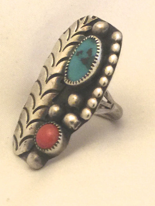 Navajo Sterling Long Silver Turquoise & Coral Ring W Feather Pinky Size 5 Weight 8g