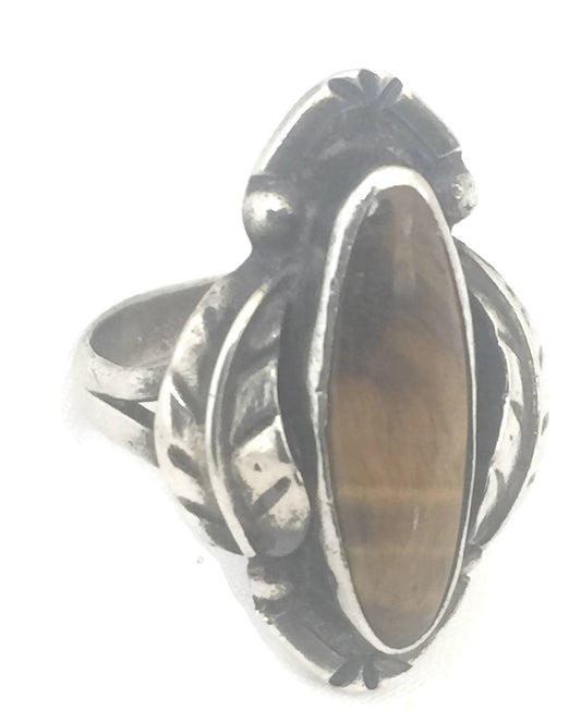 Long Tiger Eye Ring Leaves Sterling Silver Mexico Size 7