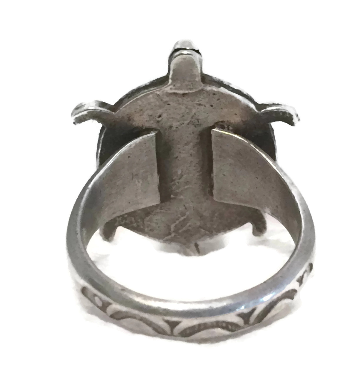 Zuni Turtle Ring Coral Turquoise Chip Sterling Silver Size 5.5