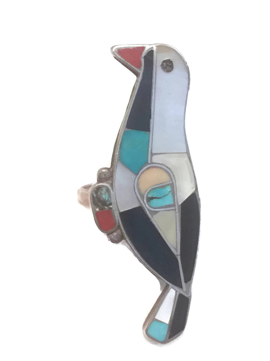 Zuni Bird Ring Onyx Turquoise MOP Sterling Silver Size 8
