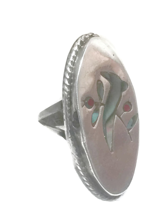Long Bird Ring Abalone Cherry Sterling Silver Mexico Size 5