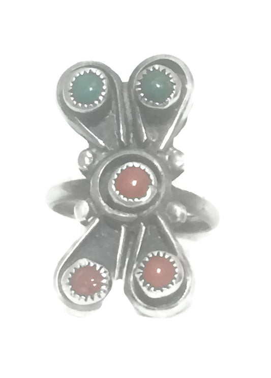 Zuni Ring Turquoise Coral Sterling Silver Pinky Size 3