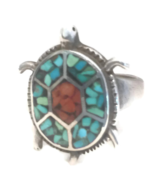 Zuni Turtle Ring Coral Turquoise Chip Sterling Silver Size 5.5