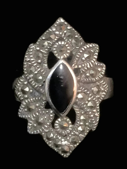 Onyx Ring Art Deco Marcasite Sterling Silver Size 7.50