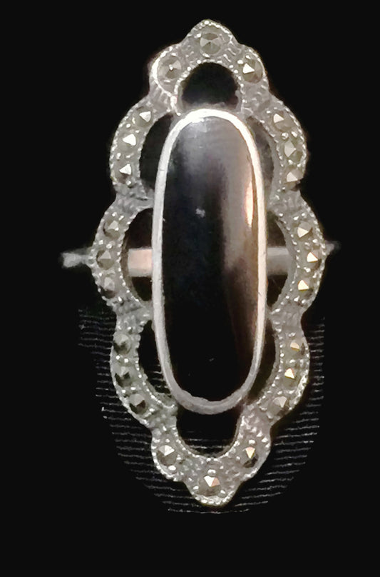 Onyx Ring Marcasite Art Deco Sterling Silver Size 6.2