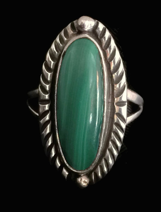 Long Malachite Ring Southwest Sterling Silver Size 6.50