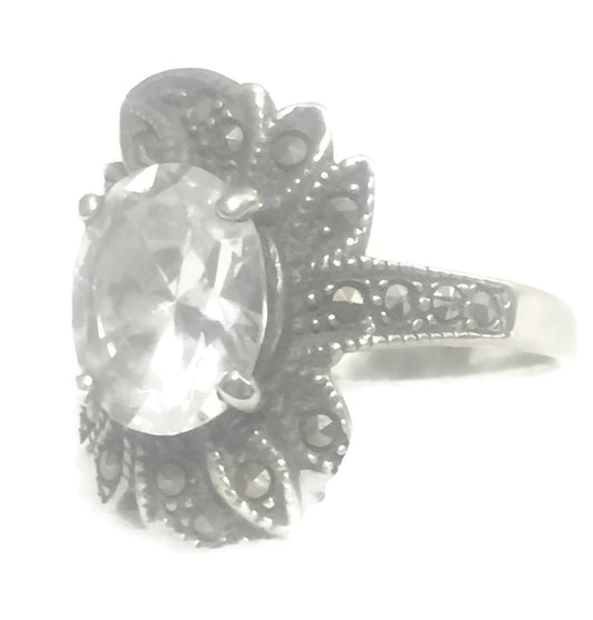Crystal Ring Flower Art Deco Marcasite Sterling Silver Size 6.75