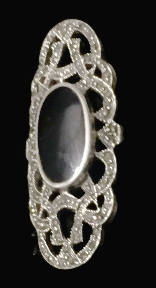 Long Marcasite Ring Onyx Art Deco Sterling Silver Size 5.50
