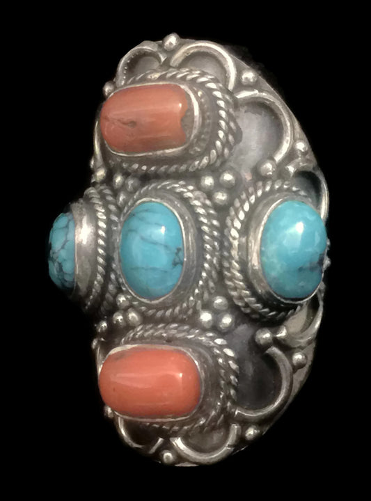Turquoise Ring Coral Long Knuckle Ring Size 8.50