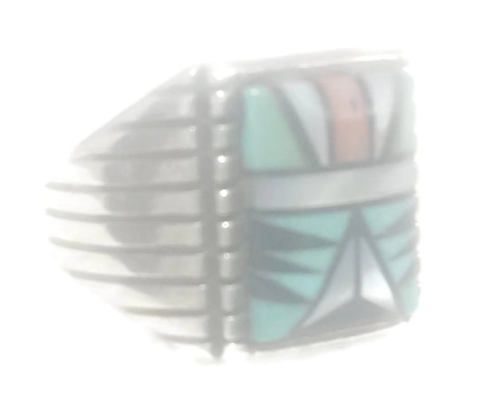 Zuni Ring Turquoise Onyx Vintage Sterling Silver Size 9.7
