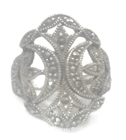 Marcasite Ring Art Deco Moon Sterling Silver Size 5.5