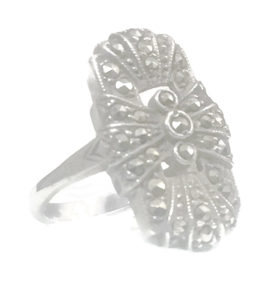 Long Marcasite Ring Art Deco Sterling Silver Size 6.5