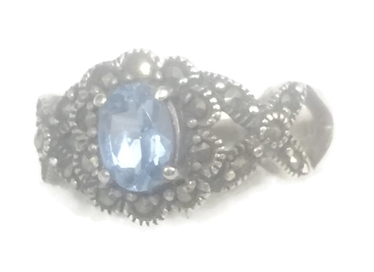 Blue Topaz Ring 7.75 Marcasites Art Deco Sterling Silver Size 7.75