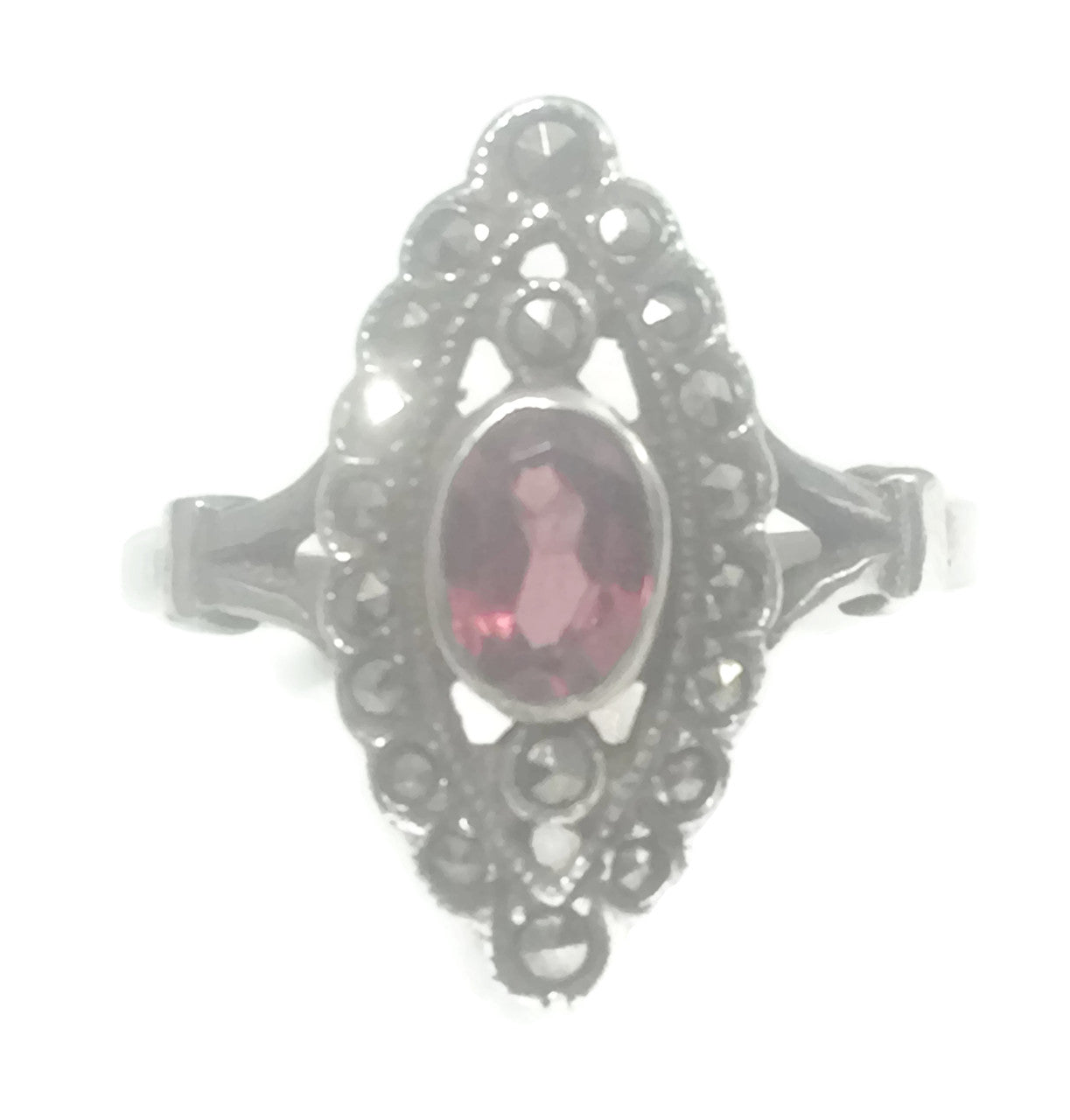 Long Garnet Ring Marcasites Art Deco Sterling Silver Size 6