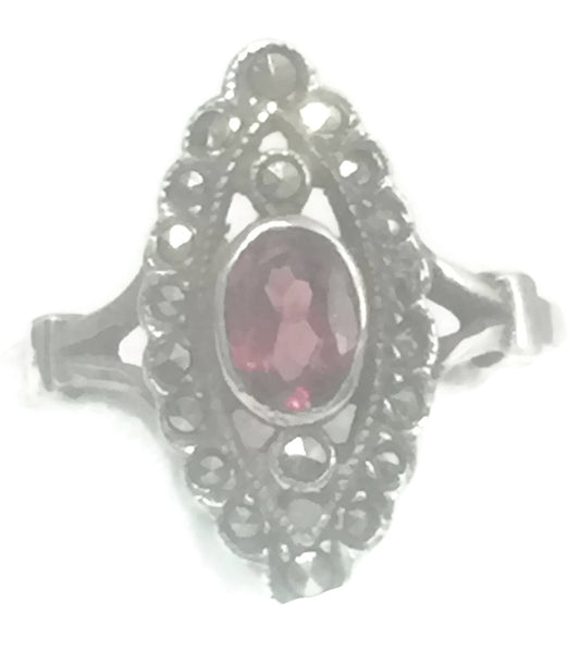 Long Garnet Ring Marcasites Art Deco Sterling Silver Size 6